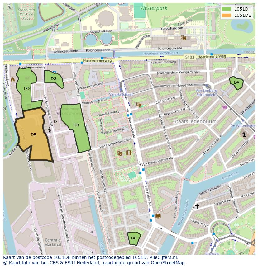 Afbeelding van het postcodegebied 1051 DE op de kaart.