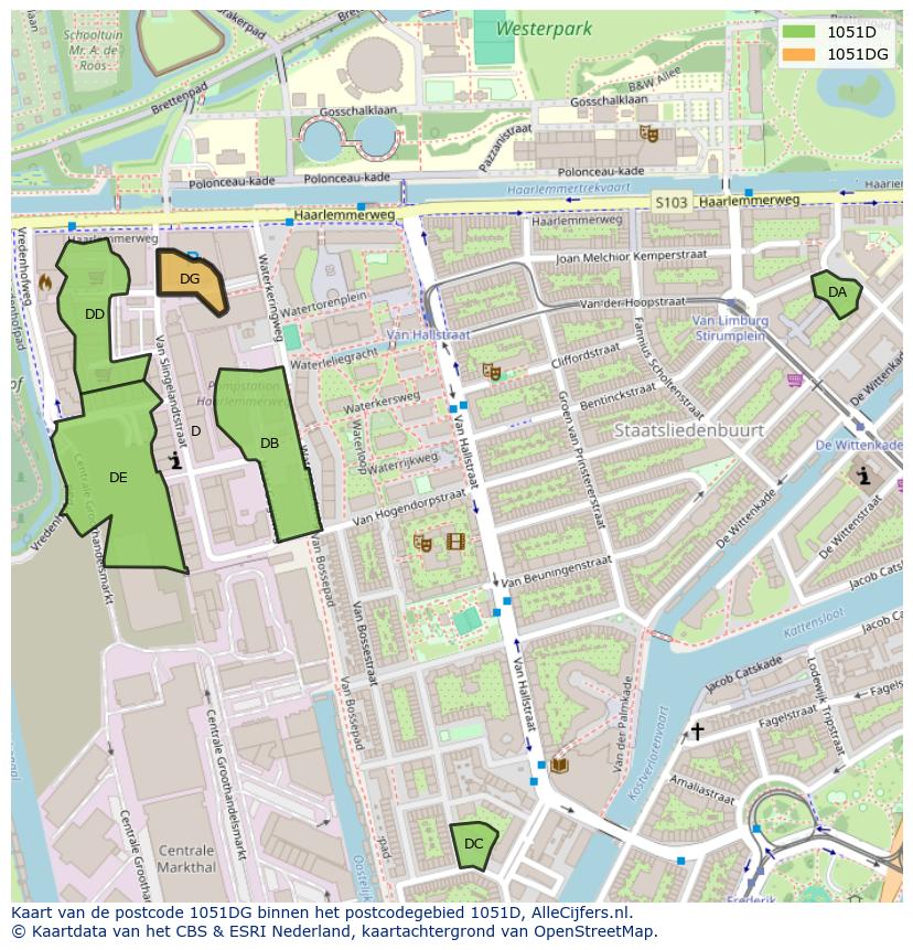 Afbeelding van het postcodegebied 1051 DG op de kaart.