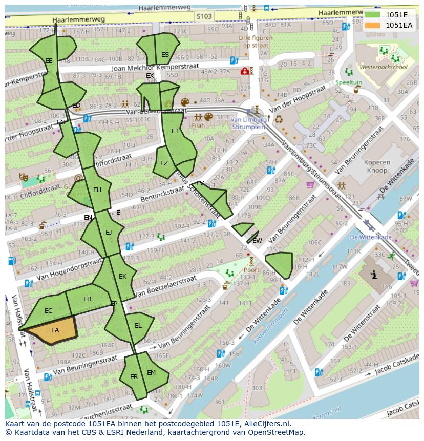 Afbeelding van het postcodegebied 1051 EA op de kaart.