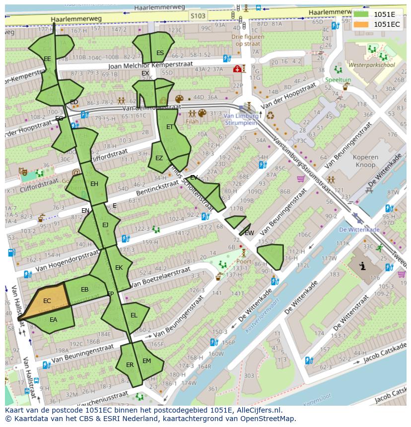 Afbeelding van het postcodegebied 1051 EC op de kaart.