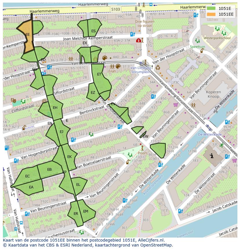 Afbeelding van het postcodegebied 1051 EE op de kaart.