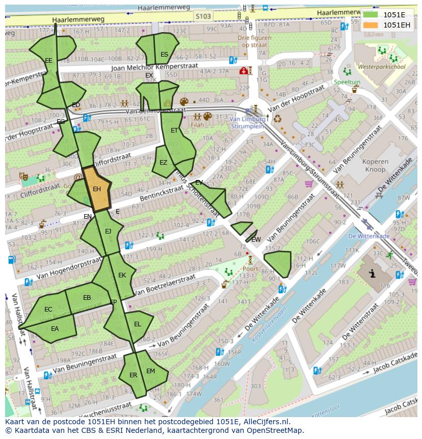 Afbeelding van het postcodegebied 1051 EH op de kaart.