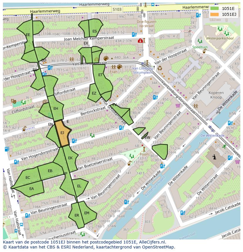 Afbeelding van het postcodegebied 1051 EJ op de kaart.