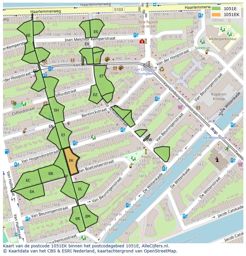 Afbeelding van het postcodegebied 1051 EK op de kaart.