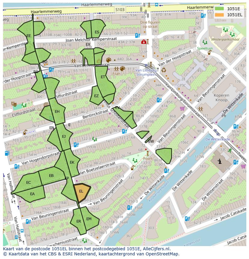 Afbeelding van het postcodegebied 1051 EL op de kaart.