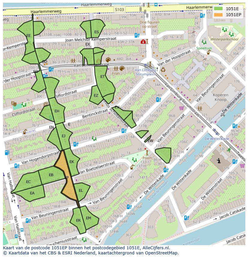 Afbeelding van het postcodegebied 1051 EP op de kaart.