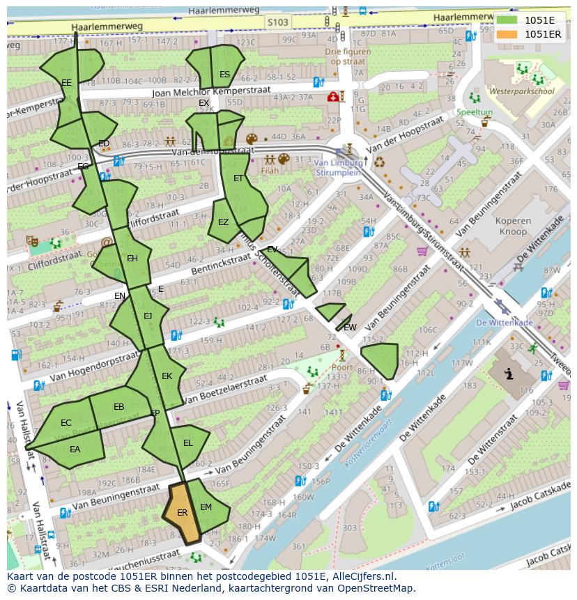 Afbeelding van het postcodegebied 1051 ER op de kaart.