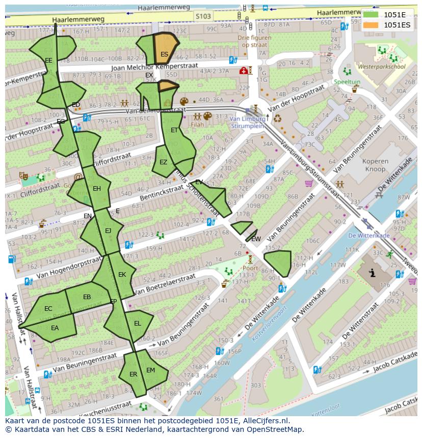 Afbeelding van het postcodegebied 1051 ES op de kaart.