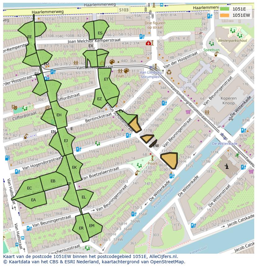 Afbeelding van het postcodegebied 1051 EW op de kaart.