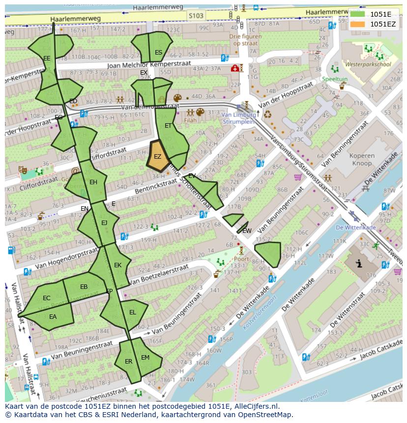 Afbeelding van het postcodegebied 1051 EZ op de kaart.