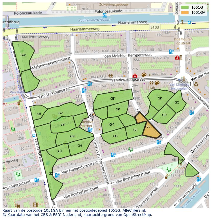 Afbeelding van het postcodegebied 1051 GA op de kaart.