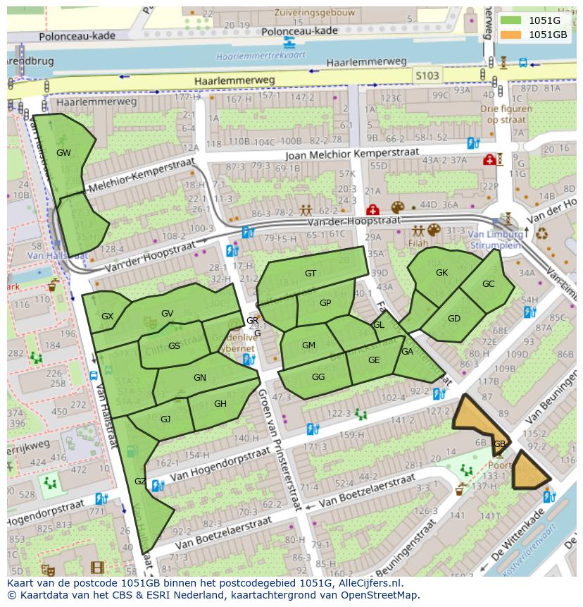 Afbeelding van het postcodegebied 1051 GB op de kaart.