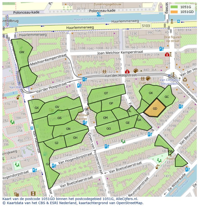 Afbeelding van het postcodegebied 1051 GD op de kaart.