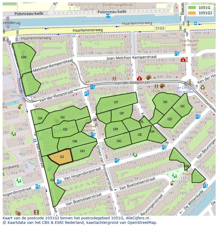 Afbeelding van het postcodegebied 1051 GJ op de kaart.