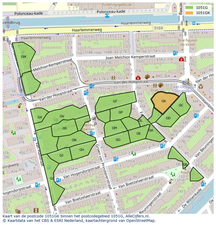 Afbeelding van het postcodegebied 1051 GK op de kaart.