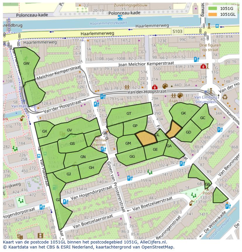 Afbeelding van het postcodegebied 1051 GL op de kaart.