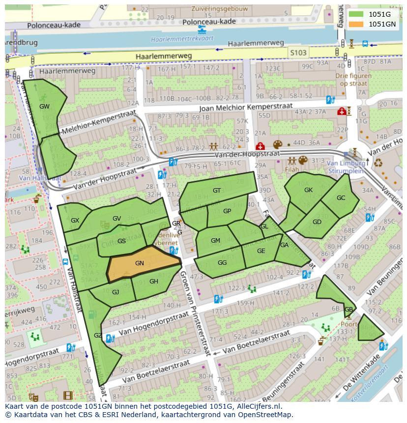 Afbeelding van het postcodegebied 1051 GN op de kaart.