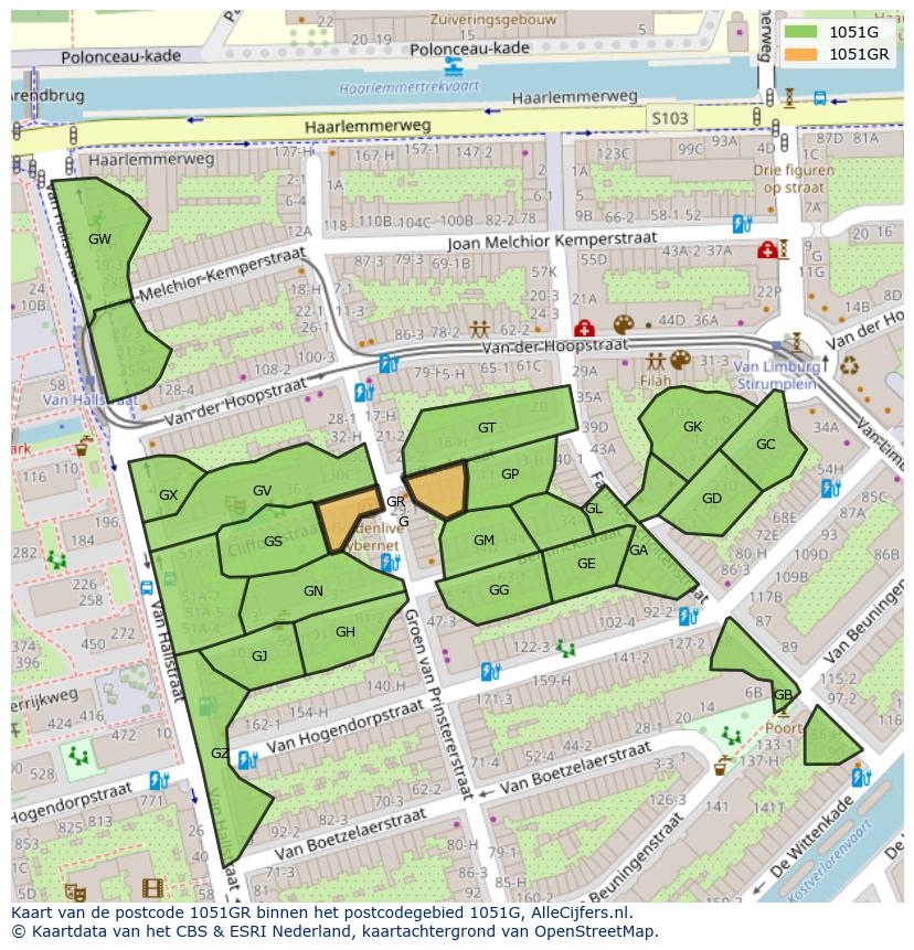 Afbeelding van het postcodegebied 1051 GR op de kaart.