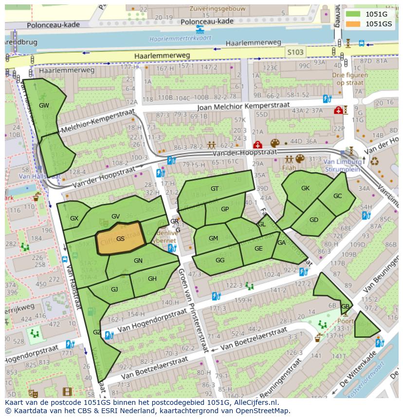 Afbeelding van het postcodegebied 1051 GS op de kaart.