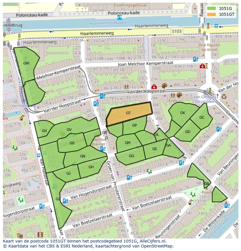 Afbeelding van het postcodegebied 1051 GT op de kaart.