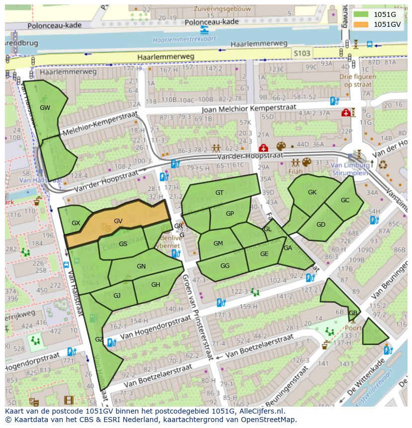 Afbeelding van het postcodegebied 1051 GV op de kaart.