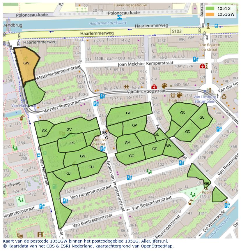 Afbeelding van het postcodegebied 1051 GW op de kaart.