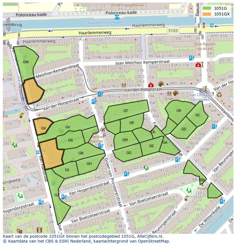 Afbeelding van het postcodegebied 1051 GX op de kaart.