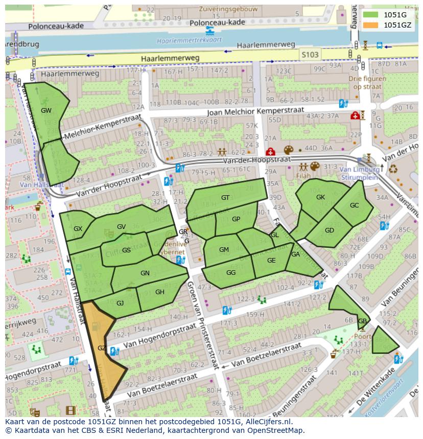 Afbeelding van het postcodegebied 1051 GZ op de kaart.
