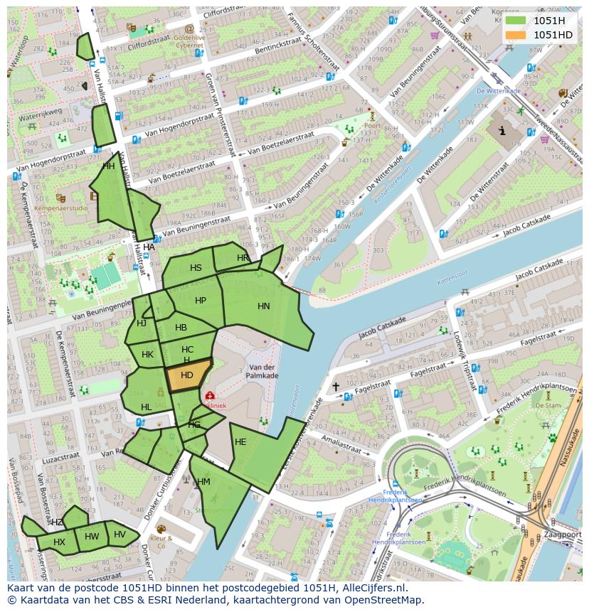 Afbeelding van het postcodegebied 1051 HD op de kaart.
