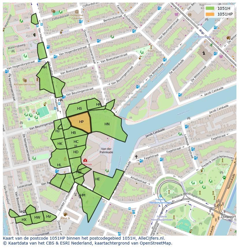 Afbeelding van het postcodegebied 1051 HP op de kaart.