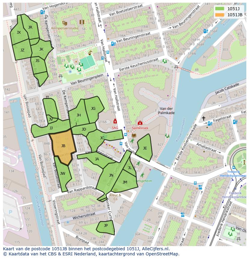 Afbeelding van het postcodegebied 1051 JB op de kaart.