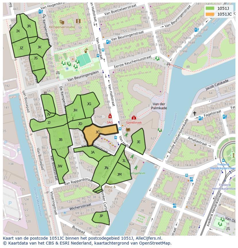 Afbeelding van het postcodegebied 1051 JC op de kaart.