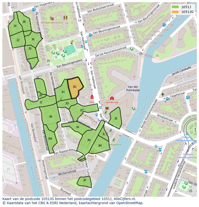 Afbeelding van het postcodegebied 1051 JG op de kaart.