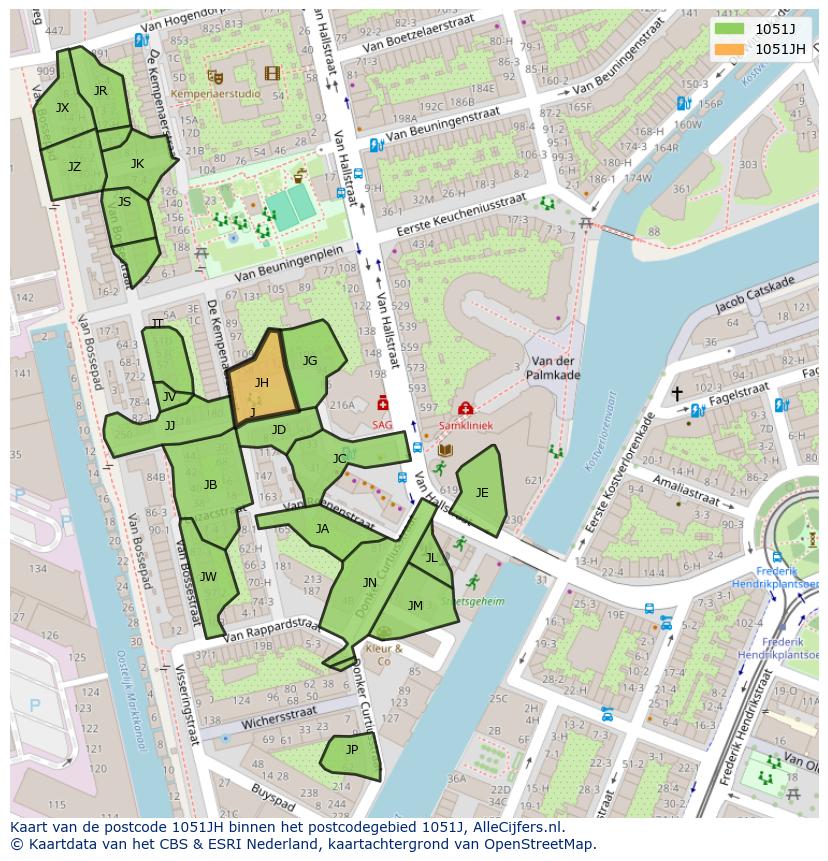 Afbeelding van het postcodegebied 1051 JH op de kaart.