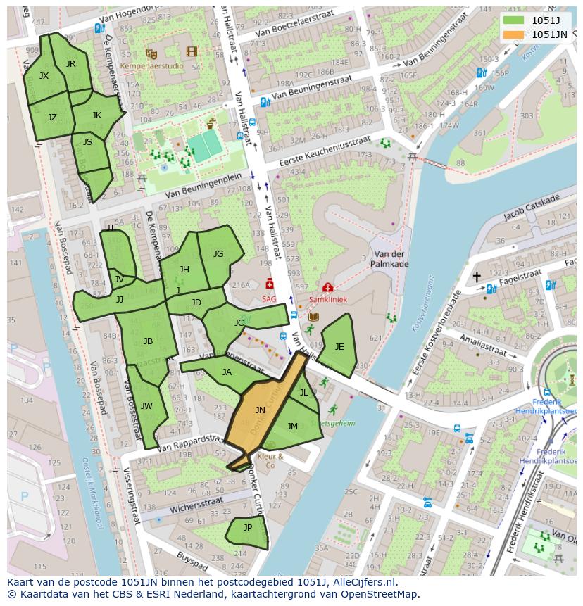 Afbeelding van het postcodegebied 1051 JN op de kaart.