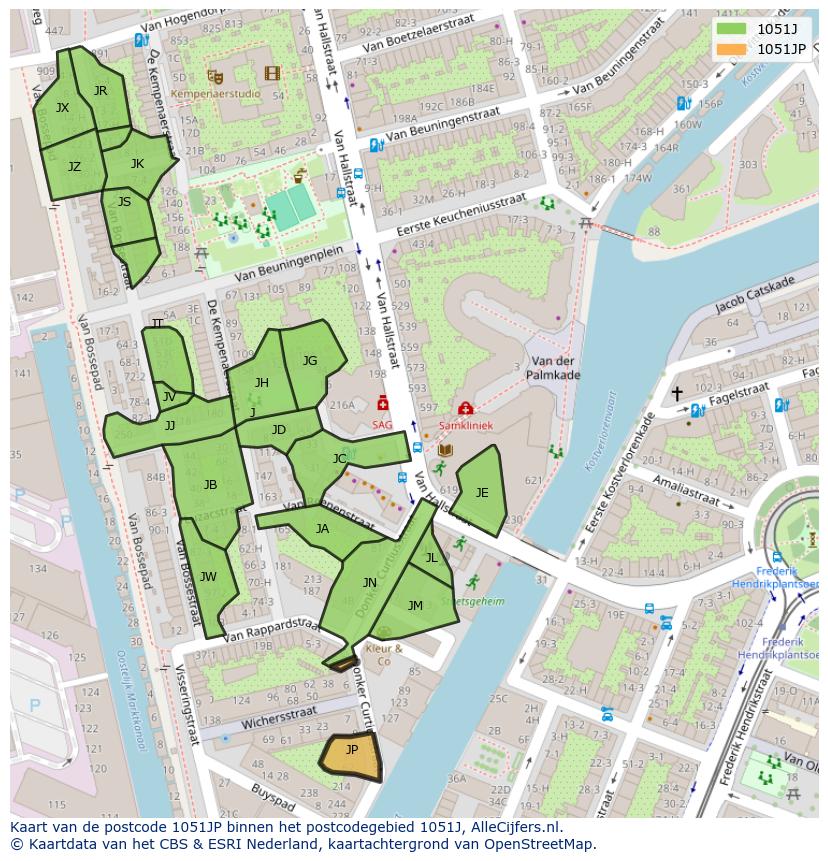 Afbeelding van het postcodegebied 1051 JP op de kaart.
