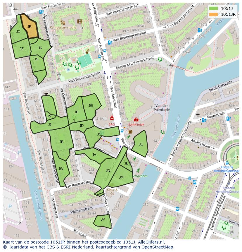Afbeelding van het postcodegebied 1051 JR op de kaart.