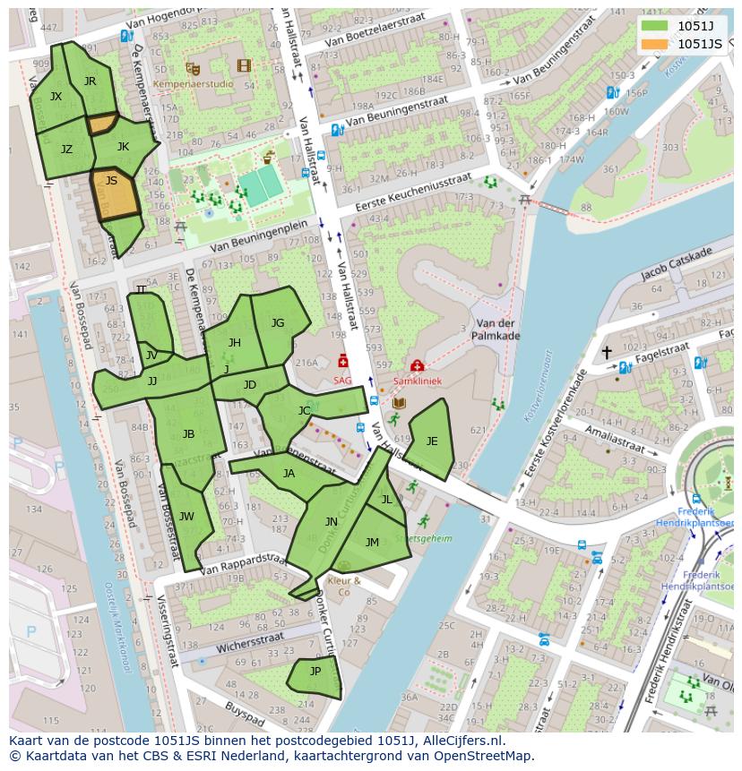 Afbeelding van het postcodegebied 1051 JS op de kaart.