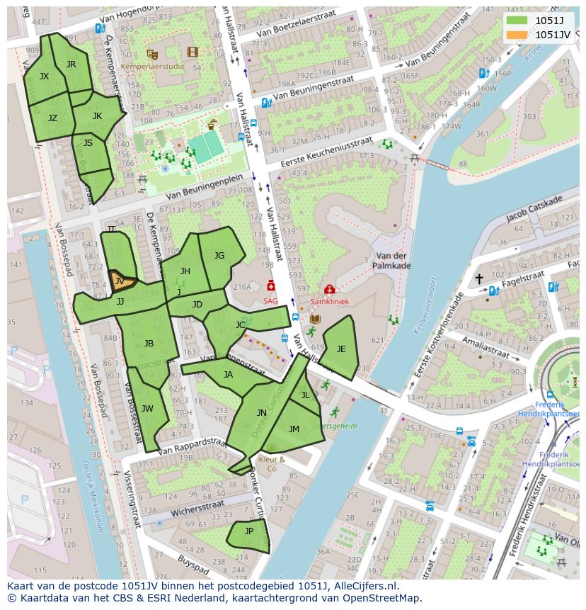 Afbeelding van het postcodegebied 1051 JV op de kaart.