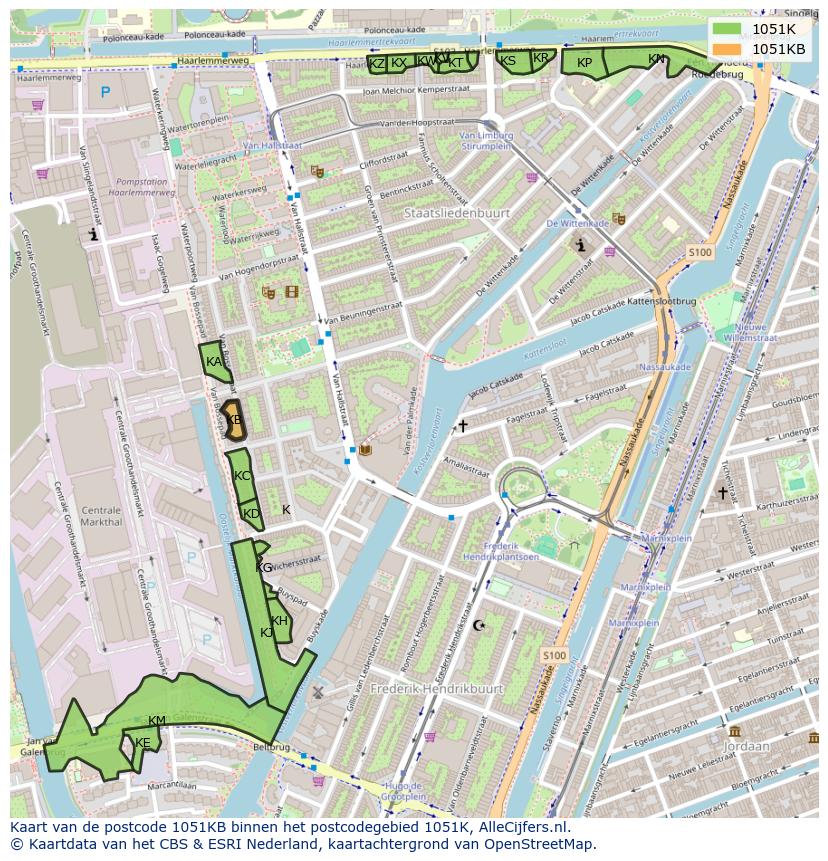 Afbeelding van het postcodegebied 1051 KB op de kaart.