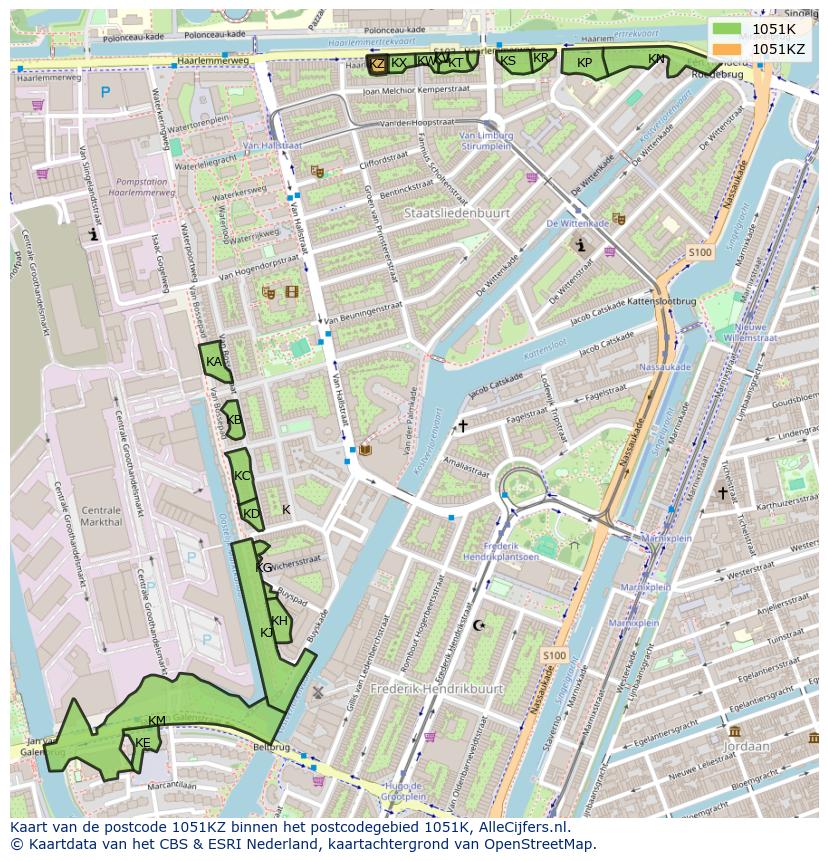 Afbeelding van het postcodegebied 1051 KZ op de kaart.