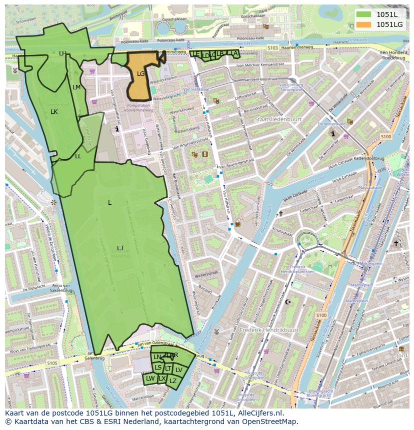 Afbeelding van het postcodegebied 1051 LG op de kaart.