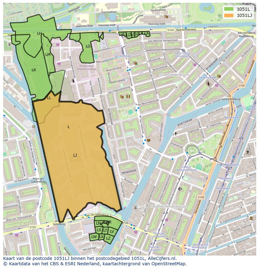Afbeelding van het postcodegebied 1051 LJ op de kaart.