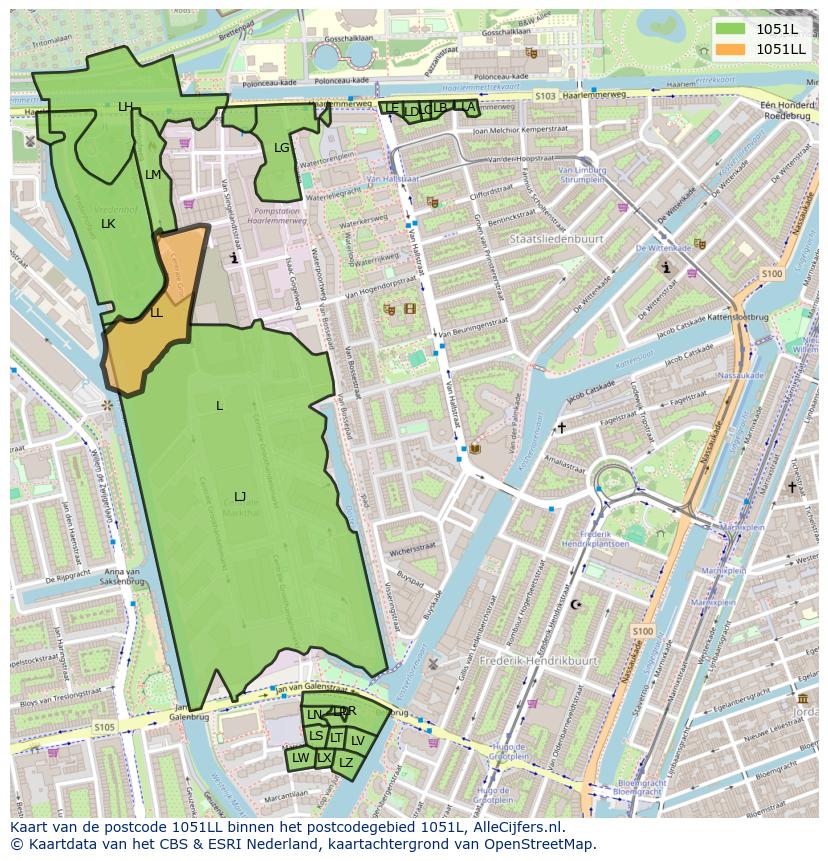Afbeelding van het postcodegebied 1051 LL op de kaart.