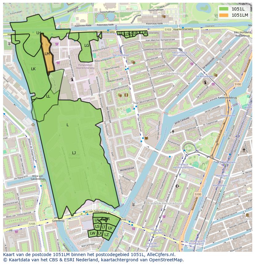 Afbeelding van het postcodegebied 1051 LM op de kaart.
