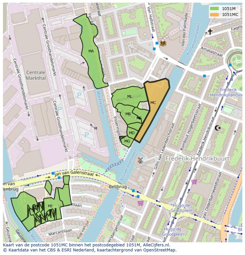 Afbeelding van het postcodegebied 1051 MC op de kaart.