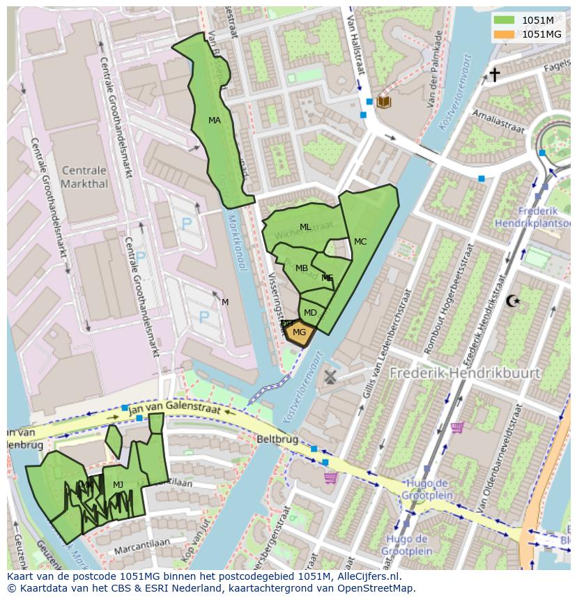 Afbeelding van het postcodegebied 1051 MG op de kaart.