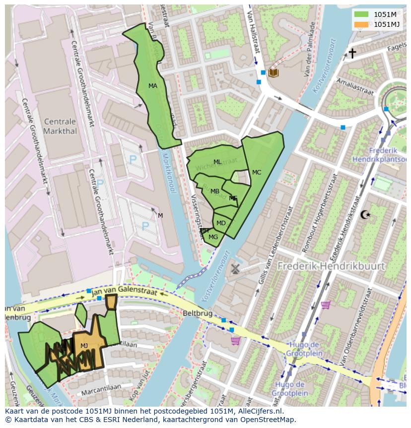 Afbeelding van het postcodegebied 1051 MJ op de kaart.
