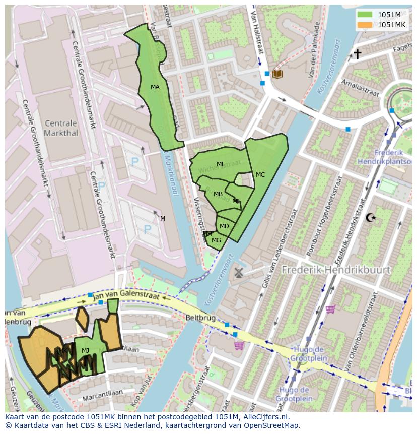 Afbeelding van het postcodegebied 1051 MK op de kaart.