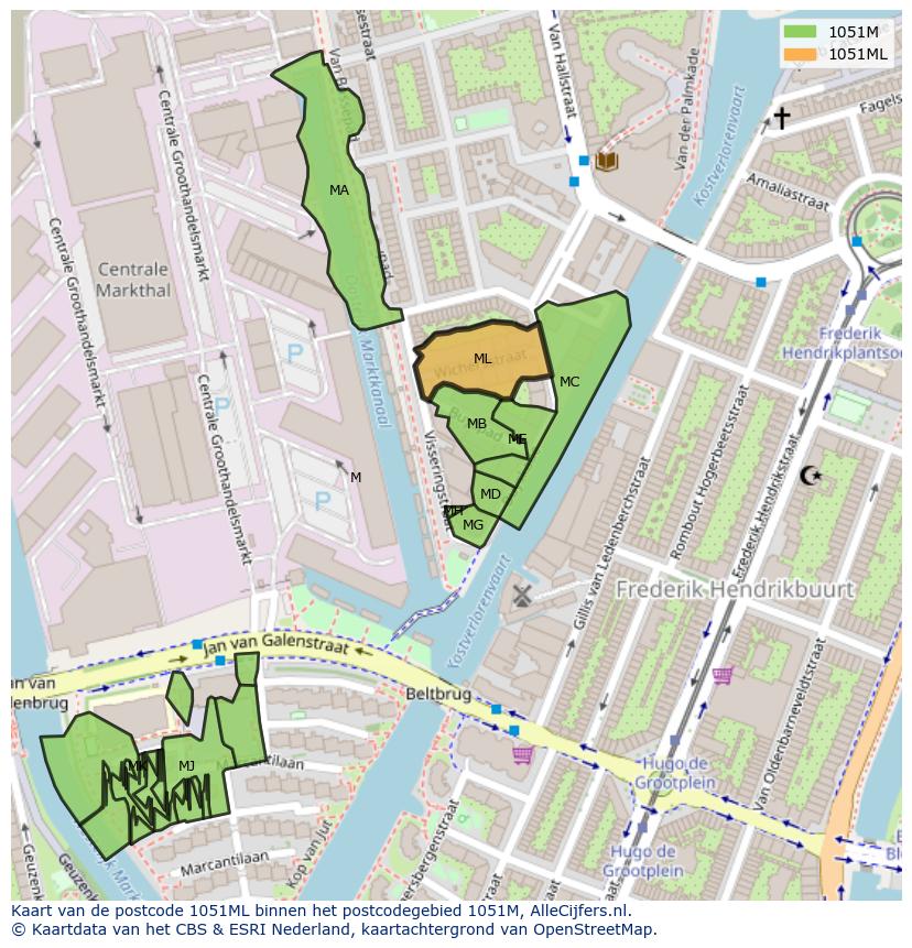 Afbeelding van het postcodegebied 1051 ML op de kaart.